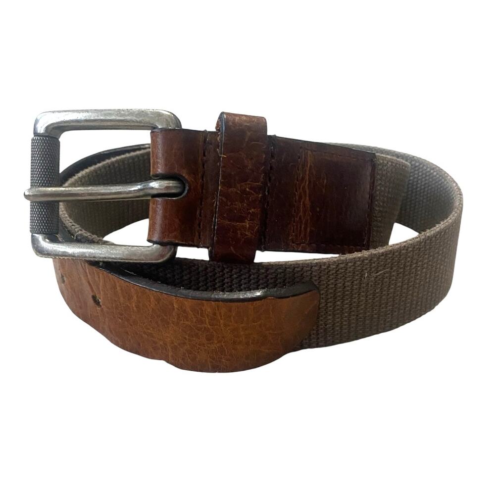 Columbia Men Canvas Webbing Belt Leather Strap Tabs Medium Silver Buckle